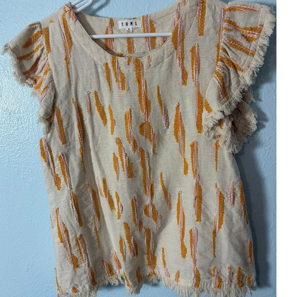 THML Womens Flutter Sleeve Embroidered Top Cream Orange Pink M Boho Artisan